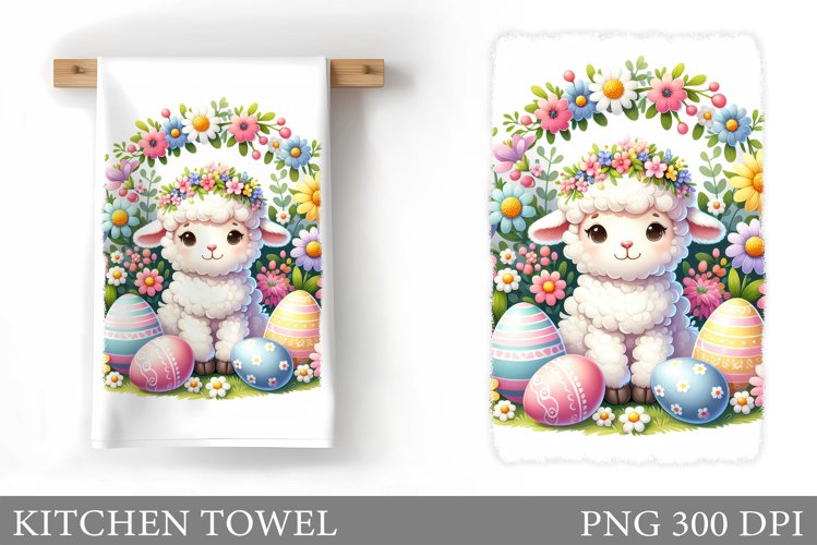 Lamb Eggs Kitchen Towel Design. Easter Lamb Kitchen Towel