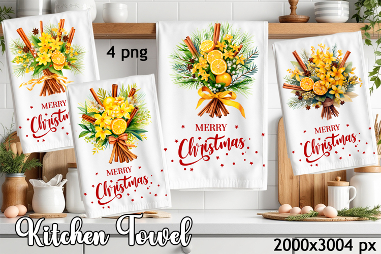 Vintage Christmas flowers, berry PNG| Kitchen Dish Towel