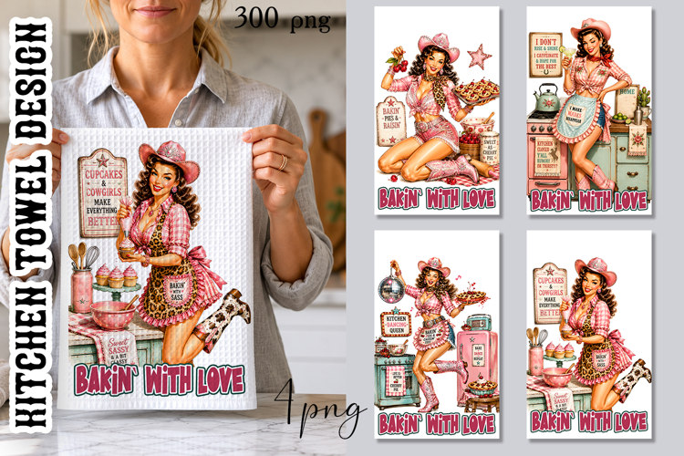 Pink Cowgirl Kitchen Towel PNG | Retro Western
