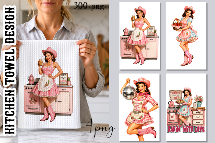 Pink Cowgirl Kitchen Towel PNG | Retro Western