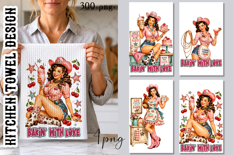 Pink Cowgirl Kitchen Towel PNG | Retro Western