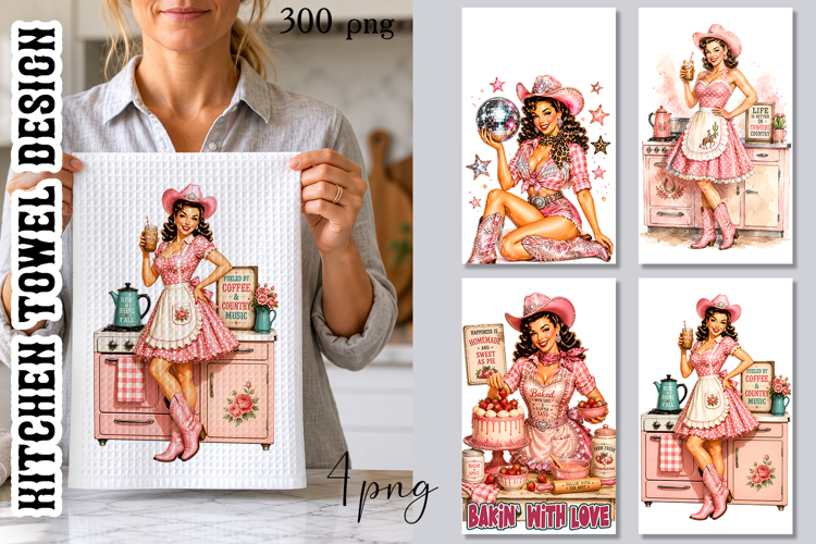 Pink Cowgirl Kitchen Towel PNG | Retro Western