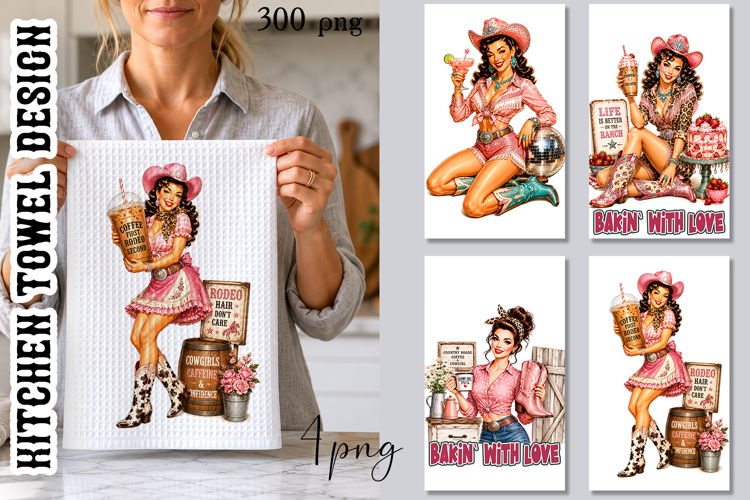 Pink Cowgirl Kitchen Towel PNG | Retro Western