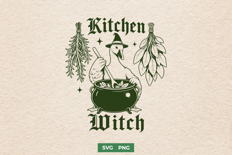 Kitchen Witch SVG, Cottagecore Goose PNG, Witchy Cauldron example image 1