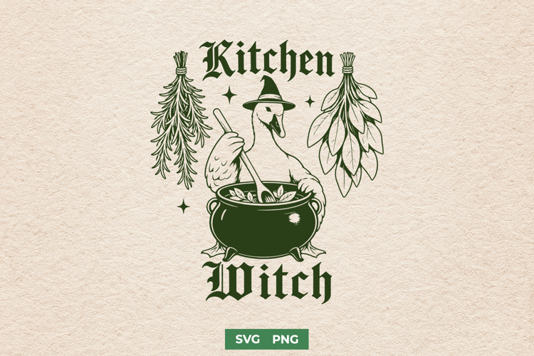 Kitchen Witch SVG, Cottagecore Goose PNG, Witchy Cauldron