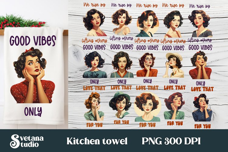 Retro woman kitchen towel sublimation | Towel bundle