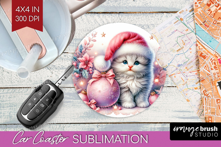 Kitten Pastel Christmas Car Coaster Coquette Xmas Coaster