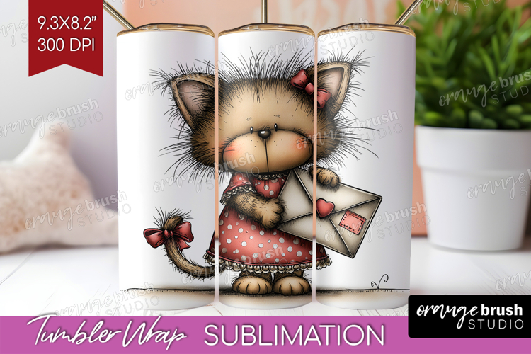 Kitten Valentine Tumbler Wrap Whimsical Animal Tumbler PNG
