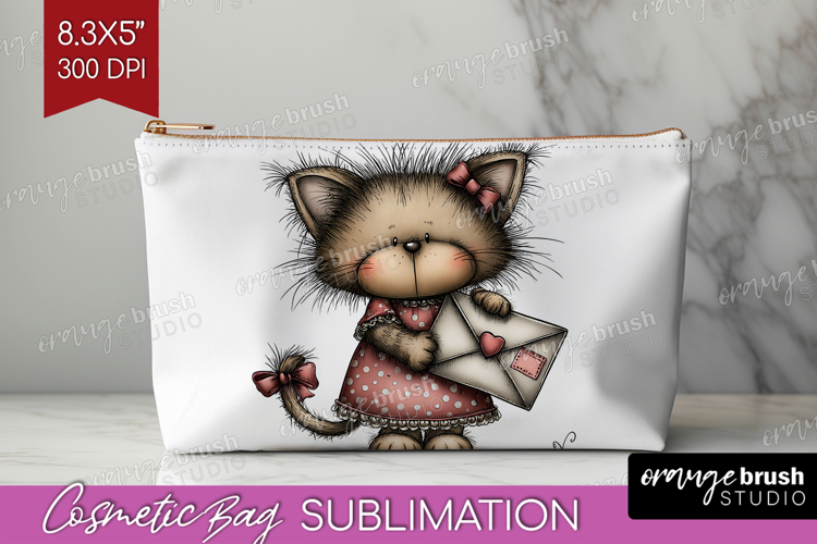 Kitten Valentine Cosmetic Bag Whimsical Animal Makeup Bag