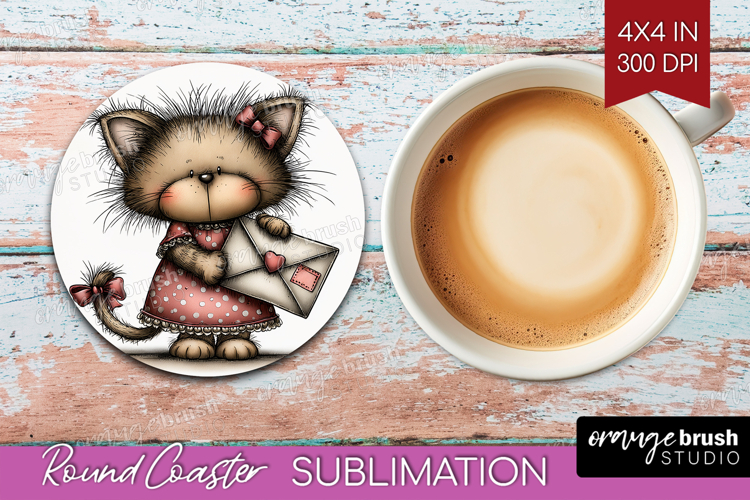 Kitten Valentine Round Coaster Whimsical Animal Coaster PNG