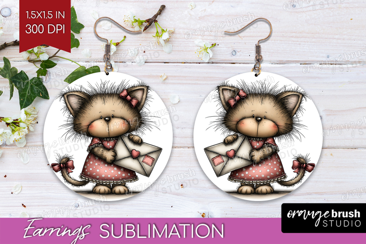 Kitten Valentine Round Earrings Whimsical Animal PNG