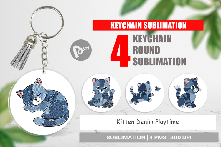 Kitten Denim Playtime Keychain example image 1