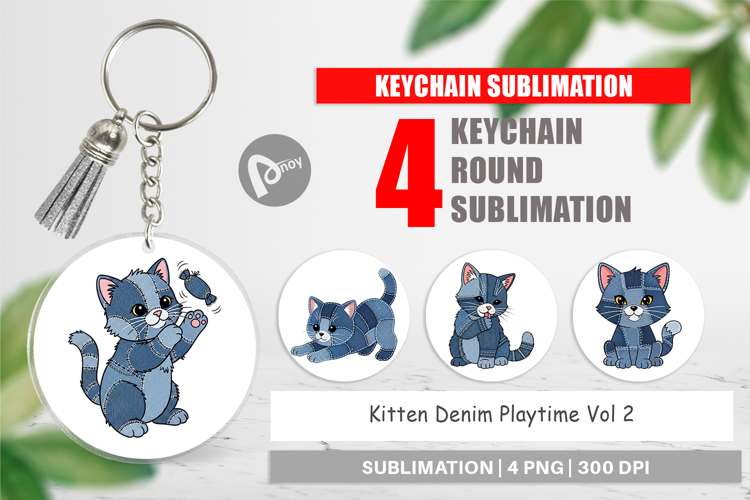 Kitten Denim Playtime Keychain example image 1