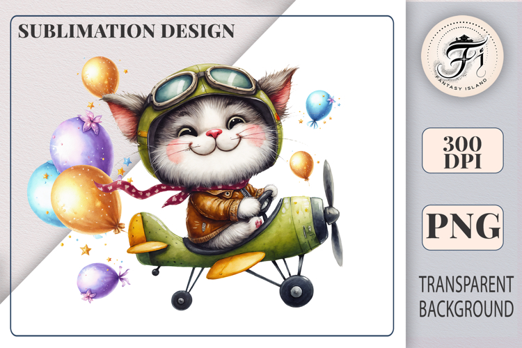 Watercolor Cat Pilot Sublimation PNG | Cute Kitten Clipart