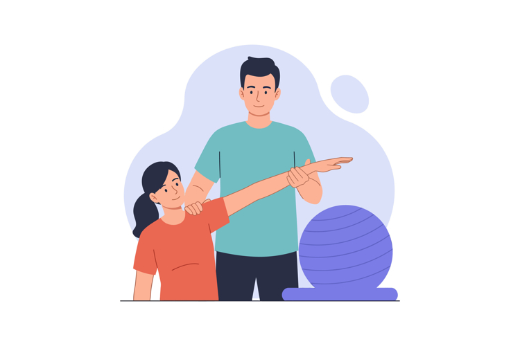 Physical therapist assisting female patient with stretching