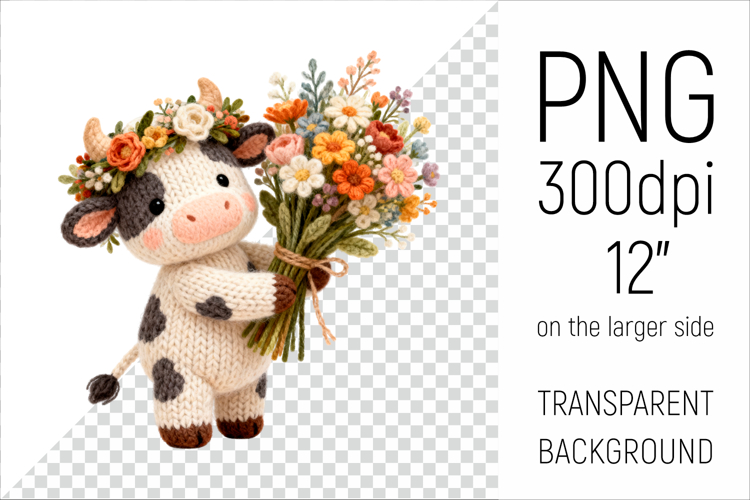 Knitted Cow with Flowers | Mothers Day Farm Animal Clipart