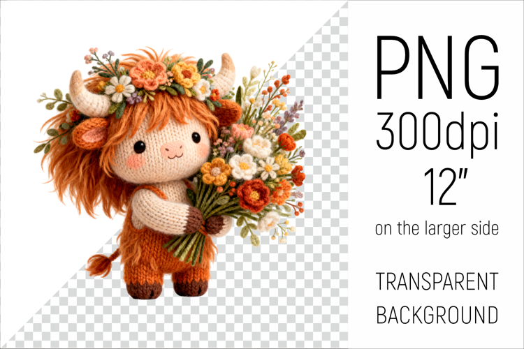 Knitted Highland Cow with Flowers | Mothers Day Clipart