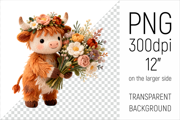 Knitted Highland Cow with Flowers | Mothers Day Clipart