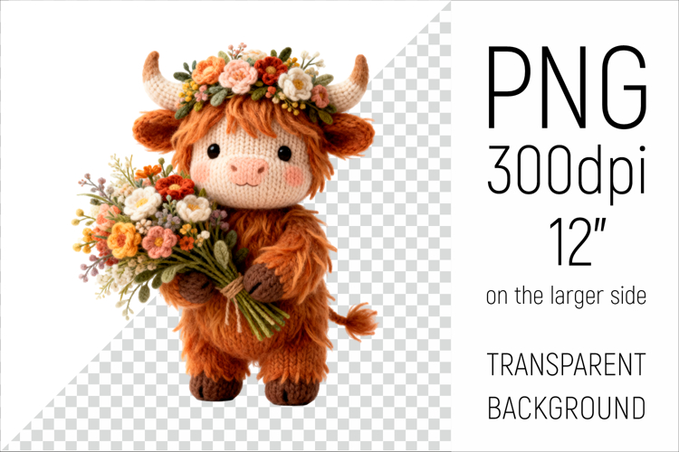 Knitted Highland Cow with Flowers | Mothers Day Clipart
