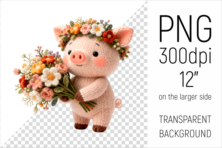 Knitted Pig with Flowers | Mothers Day Farm Animal Clipart