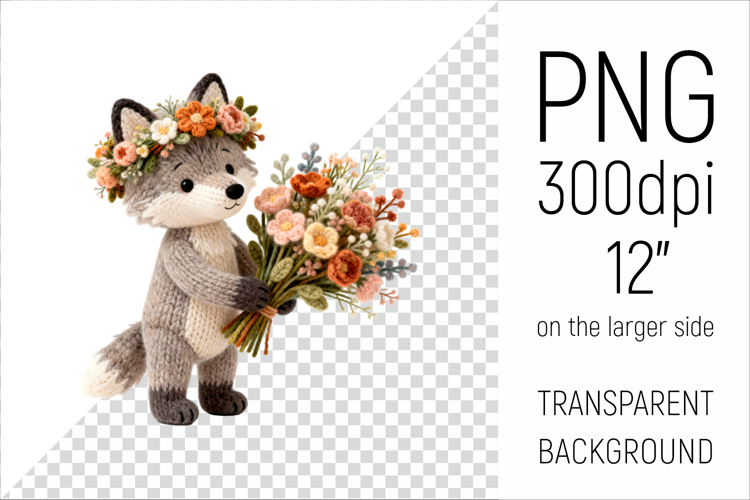 Knitted Baby Wolf with Flowers | Mother’s Day Woodland Anima