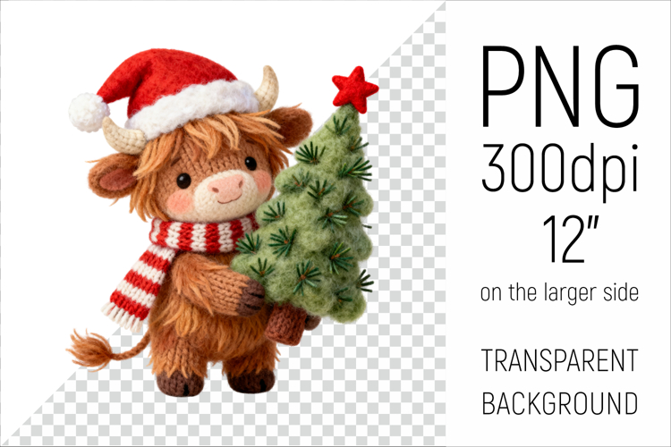 Knitted Christmas Highland Cow | Holiday Animal with Firtree