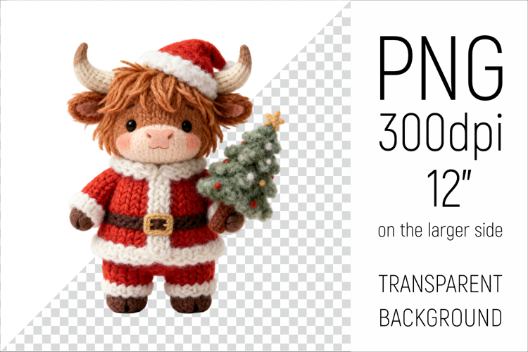 Knitted Christmas Highland Cow | Holiday Animal with Firtree