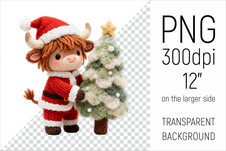 Knitted Christmas Highland Cow | Holiday Animal with Firtree