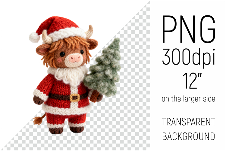 Knitted Christmas Highland Cow | Holiday Animal with Firtree