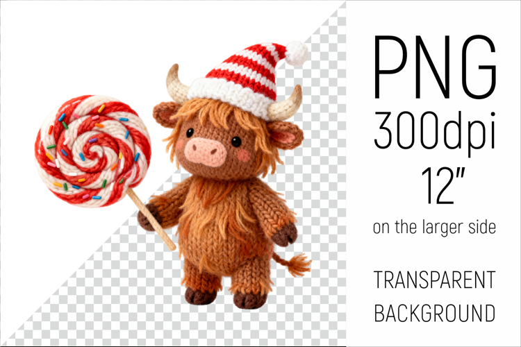 Knitted Christmas Highland Cow | Holiday Animal with Lollipo