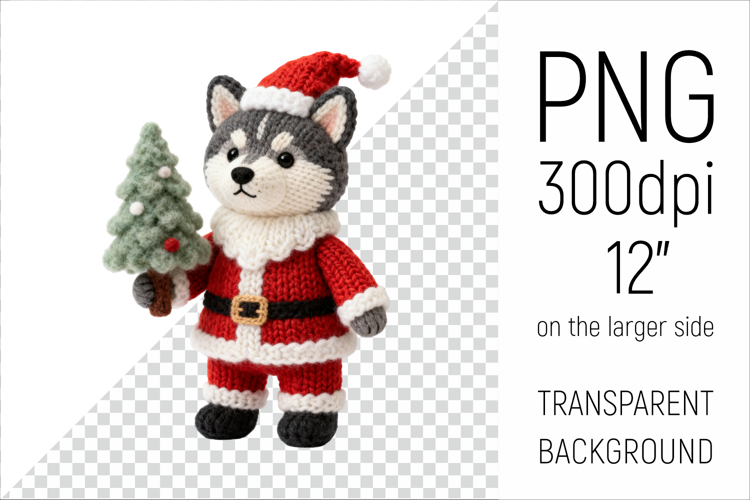 Knitted Christmas Husky Dog | Holiday Animal with Firtree