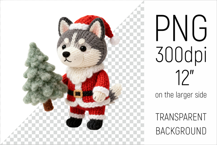 Knitted Christmas Husky Dog | Holiday Animal with Firtree