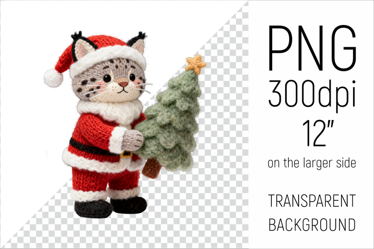 Knitted Christmas Lynx with firtree. This illustration is created in a soft, cozy, handmade knit style, making it ideal for seasonal crafts and gifts.