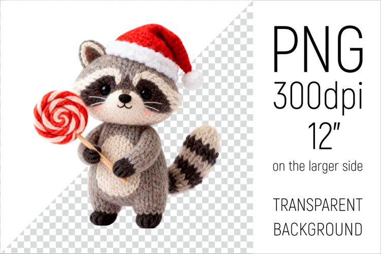 Knitted Christmas Raccoon | Holiday Animal with Lollipop
