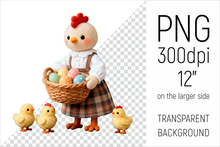 Knitted Hen with Easter Basket and Chicks Clipart