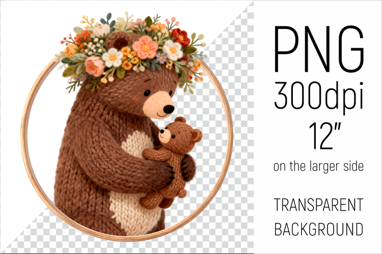Knitted Mama Bear with Baby | Mothers Day Clipart