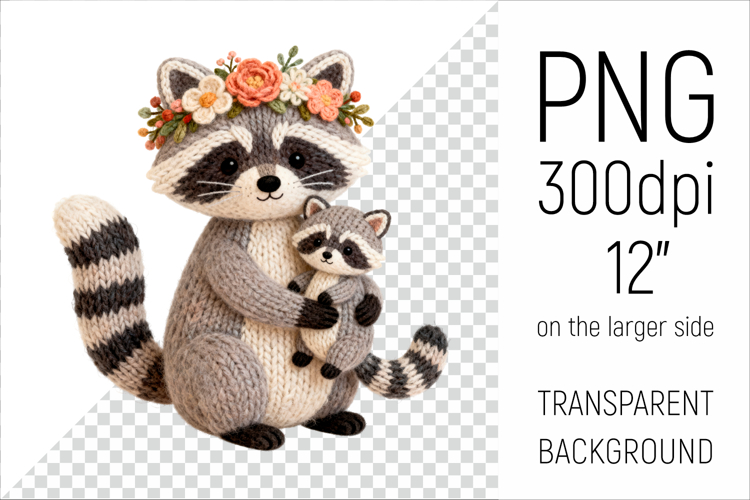 Knitted Mother Raccoon with Baby | Mothers Day Clipart