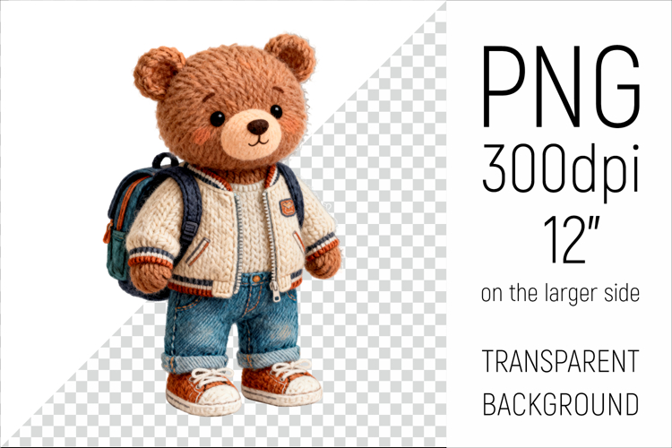 Knitted Bear with Backpack | Back to School Clipart