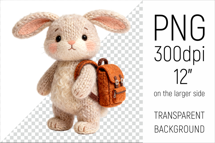 Knitted Bunny with Backpack | Back to School Clipart