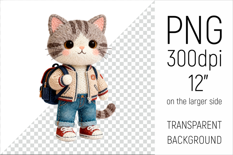 Knitted Cat with Backpack | Cute School Animal Clipart