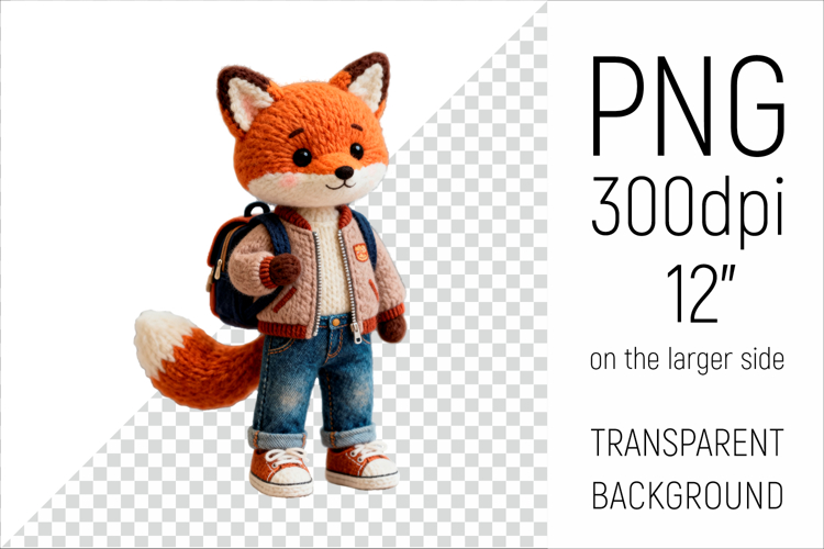 Knitted School Fox with Backpack Clipart. Perfect for school projects, graduation gifts, teacher appreciation designs, and educational materials.
