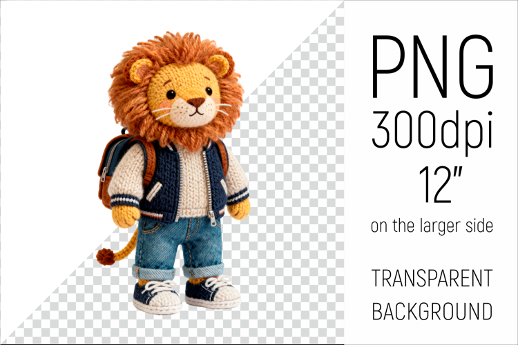 Knitted Lion with Backpack | Back to School Clipart