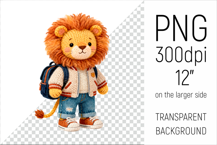 Knitted Lion with Backpack | Back to School Clipart