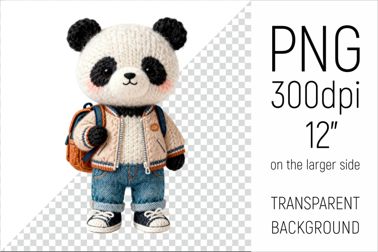 Knitted Panda Bear with Backpack | Back to School Clipart
