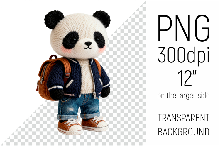 Knitted Panda Bear with Backpack | Back to School Clipart