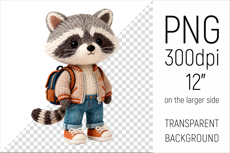 Knitted School Raccoon with Backpack