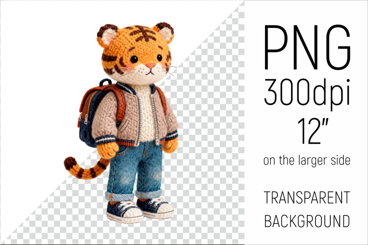 Knitted Tiger with Backpack | Back to School Clipart