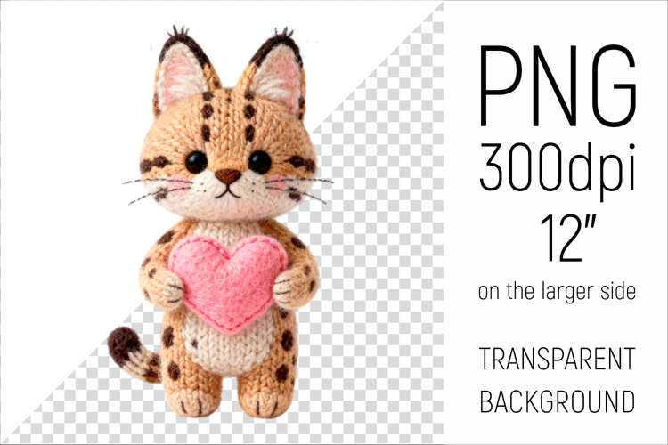 Knitted Serval Cat with Heart | Amigurumi Cat Clipart