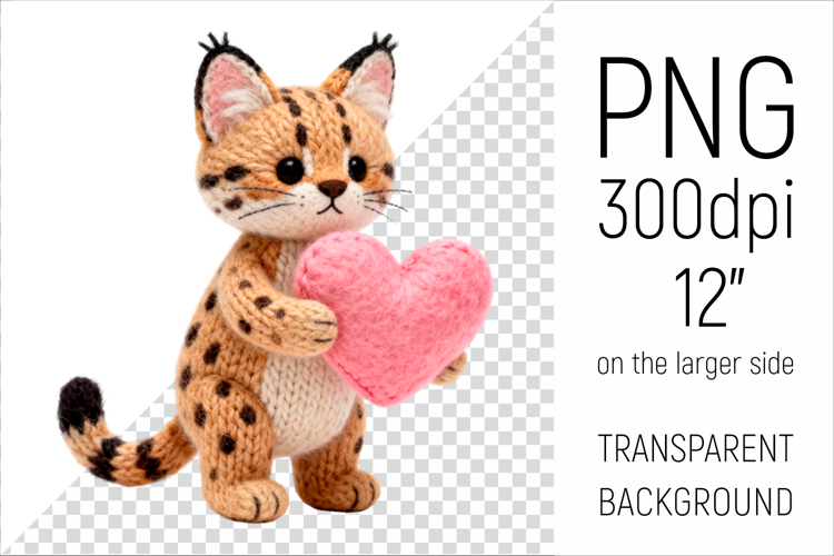 Knitted Serval Cat with Heart | Amigurumi Cat Clipart