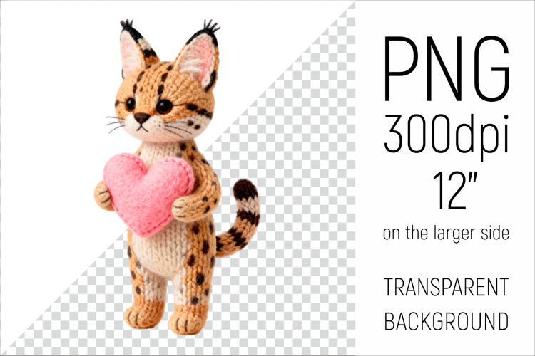 Knitted Serval Cat with Heart | Amigurumi Cat Clipart